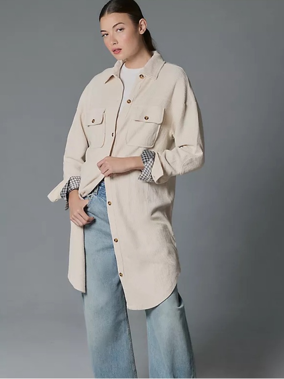 Anthropologie Pilcro Cream Longline Corduroy  Duster Shirt Jacket Shacket